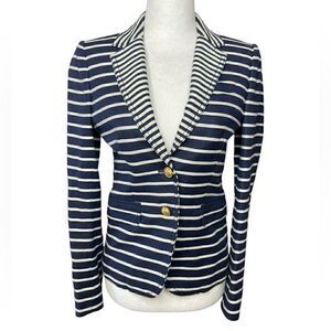 J. Crew Schoolboy Blazer, Nautical Blue & White Stripe, Linen, gold buttons Sz 0